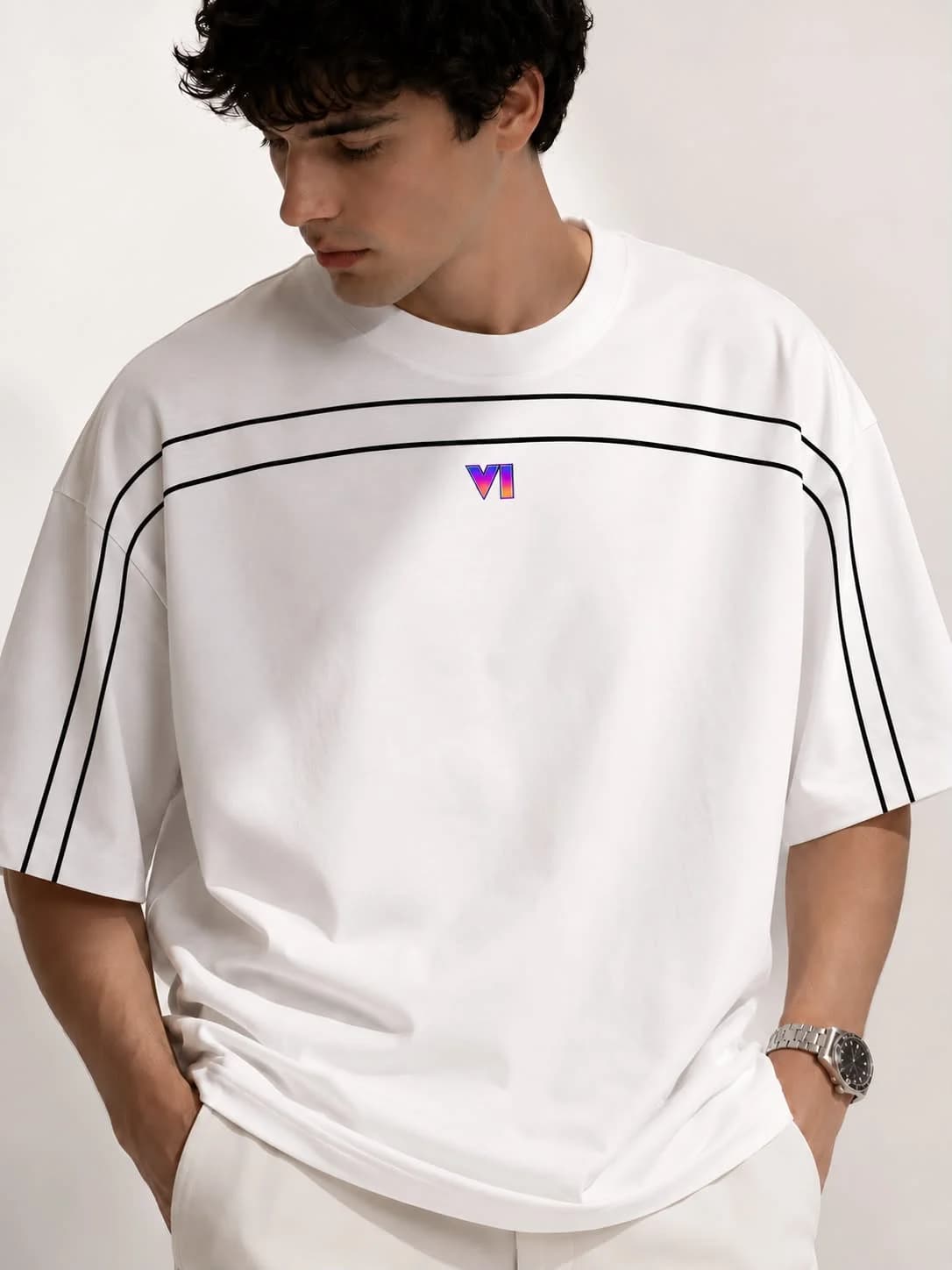 VI Stripe Oversized Tee in white with twin black shoulder pipings and a gradient VI chest emblem