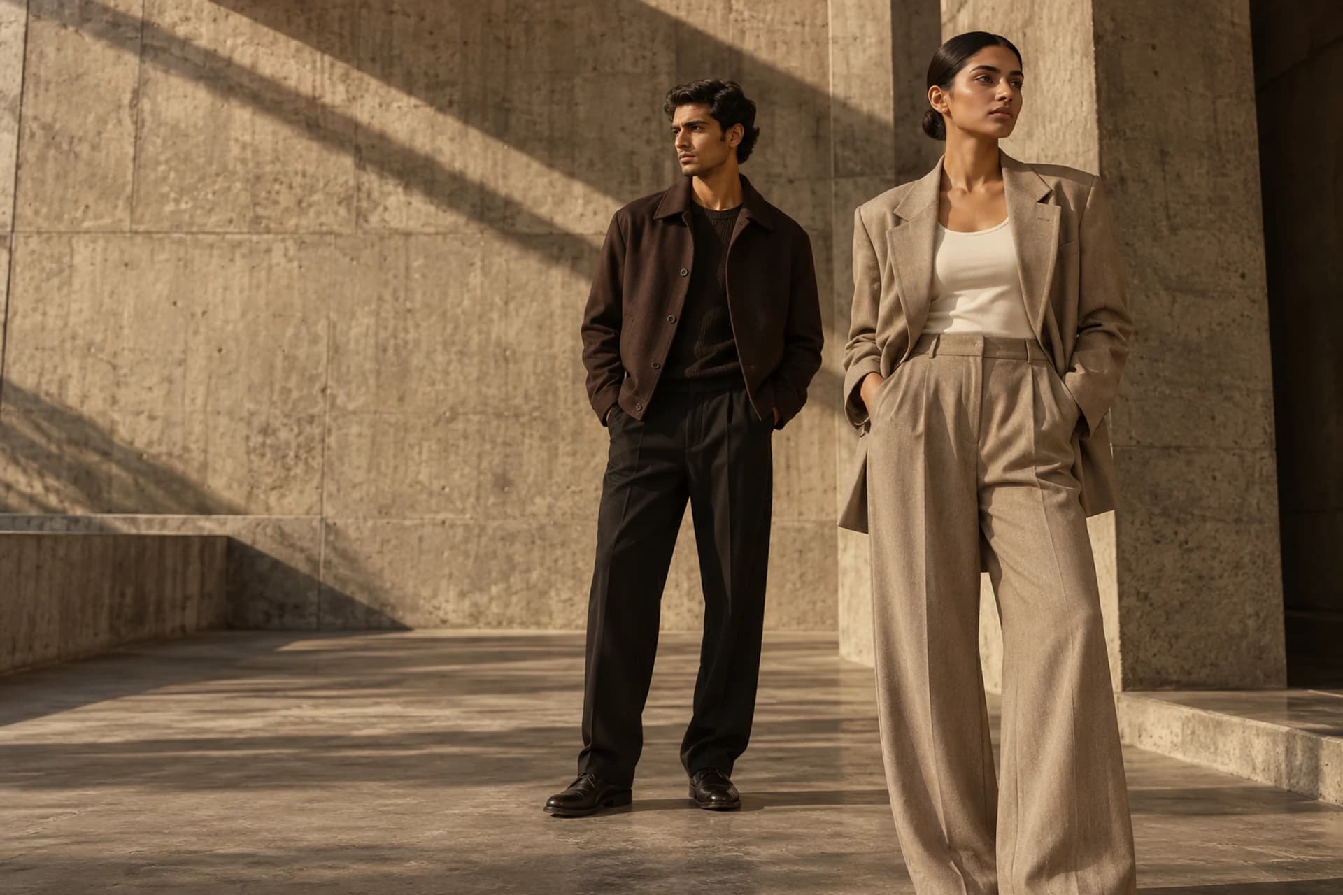 Two models in sculptural neutral tailoring against sunlit concrete architecture